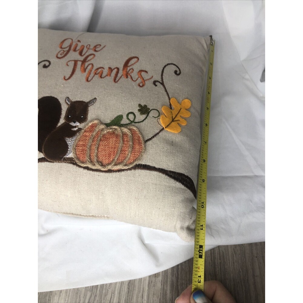 Farmhouse Autumn Give Thanks Squirrel Embroidered Throw Pillow 12” CUTE!! - Picture 7 of 8
